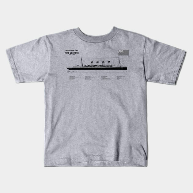RMS Lusitania ship plans. Cunard Ocean Liner -  SDpng Kids T-Shirt by SPJE Illustration Photography